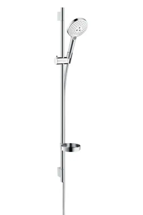 Hansgrohe Brauseset mit Handbrause, Halterung, Schlauch und integrierter Seifenschale, in Chrom und Weiß. Geeignet für die Montage an einer Duschwand.